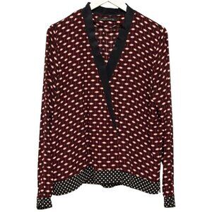 ZARA Blouse Large Black Red Geometric Print Cross Front Womens Top